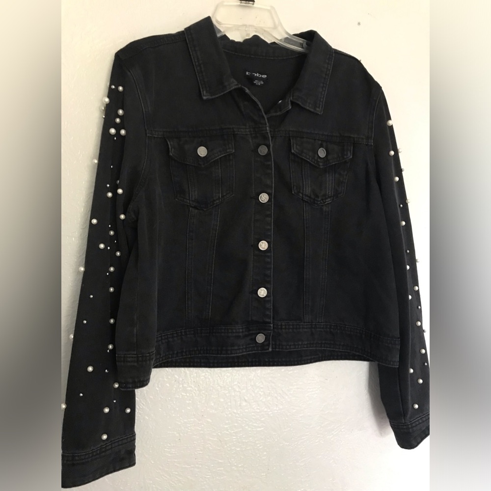 BEBE Black Denim Rhinestone Jacket XL - Picture 4 of 6